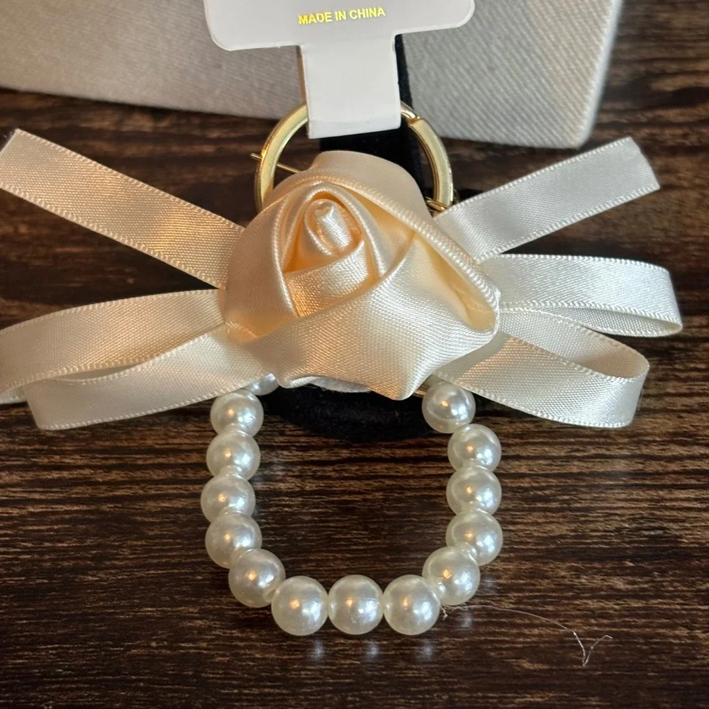 Crystal Collection Ivory Satin Rose Faux Pearl Bow Keychain Gold Tone Clasp